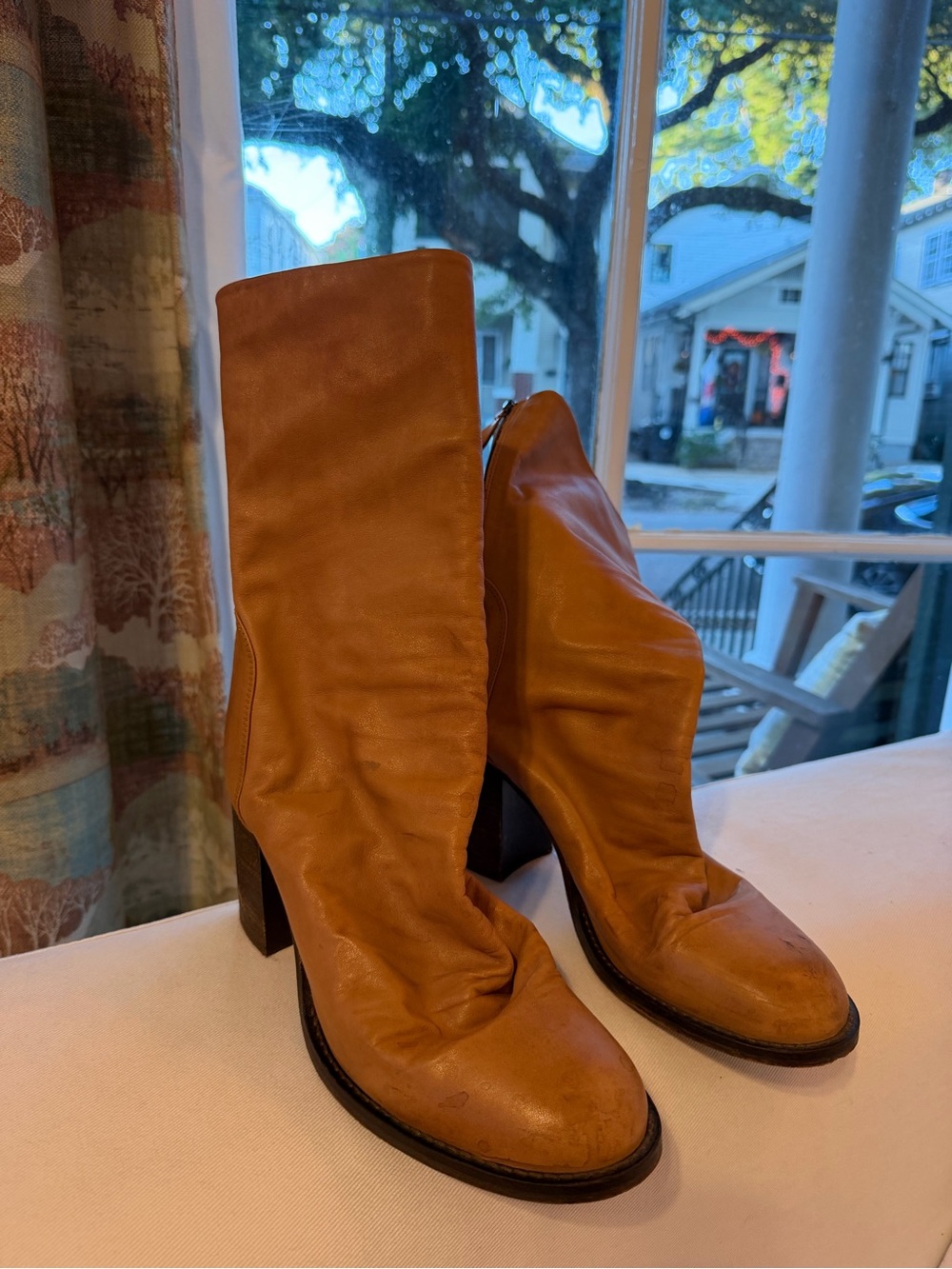 Free People Cognac Leather Mid-Calf Block Heel Booties